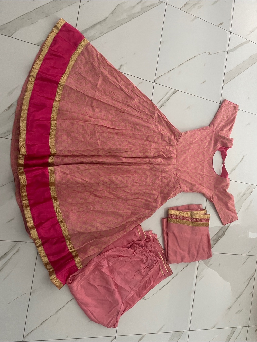 Girls Pink and Hot Pink Party Dress with Gold Trim